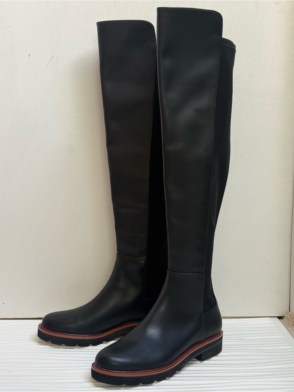 New Stuart Weitzman Black Adrina City Tall Boots Black Leather Stretch